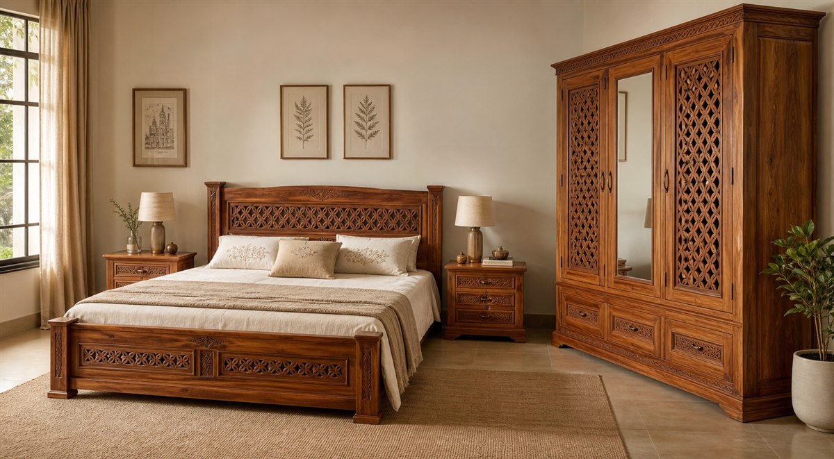 Handcrafted solid wood bed and wardrobe collection
