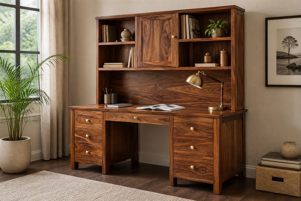 Solid wood study desk with bookshelf
